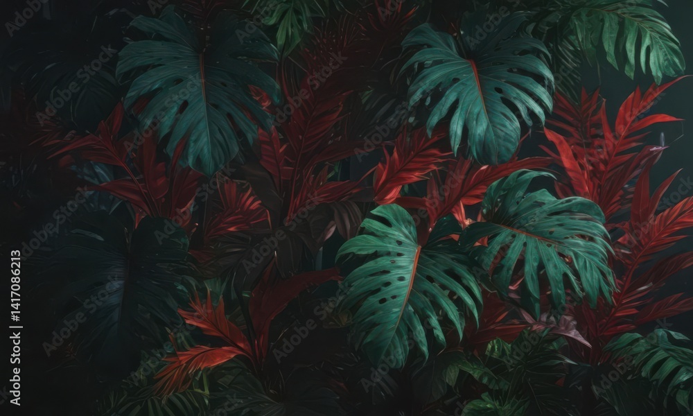 Intricate, shadowy tropical foliage, deep emerald & crimson hues, velvety texture , deep green, shadowy, nature Intricate, shadowy tropical foliage, deep emerald & crimson hues, velvety texture , deep green, shadowy, nature