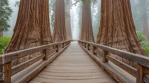 Giant trees tower above a wooden bridge in a misty forest