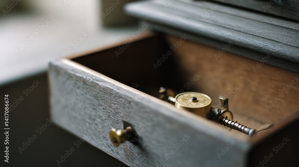 A weathered drawer slightly open reveals a brass compass, suggesting adventure and nostalgia amid muted tones and textured wood. A weathered drawer slightly open reveals a brass compass, suggesting adventure and nostalgia amid muted tones and textured wood.