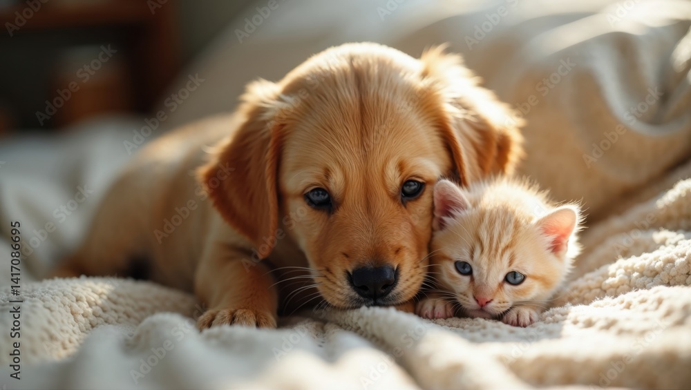 golden retriever puppy and a fluffy kitten golden retriever puppy and a fluffy kitten