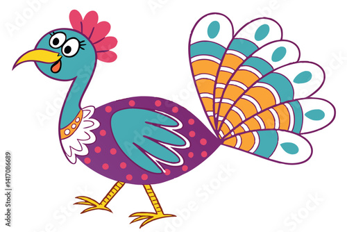 6 Cartoon turkey, vibrant colors, stylized illustration, red wattle, blue polka-dotted head, colorful feathers, purple body, teal wings, orange and white tail feathers, yellow legs, whimsical design, 