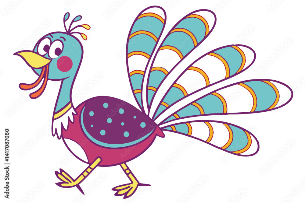 Obraz premium 6 Cartoon turkey, vibrant colors, stylized illustration, red wattle, blue polka-dotted head, colorful feathers, purple body, teal wings, orange and white tail feathers, yellow legs, whimsical design, 