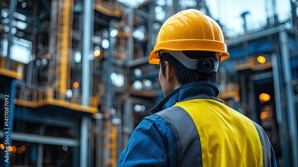 Industrial engineer wearing a yellow hard hat, representing technical expertise, safety, and construction Industrial engineer wearing a yellow hard hat, representing technical expertise, safety, and construction