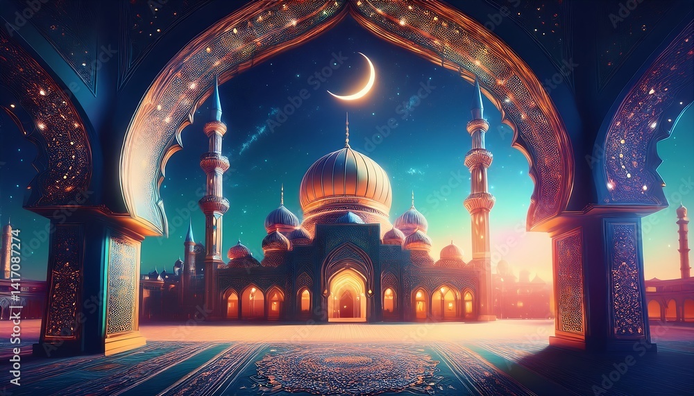 3d podium with Islamic background with lantern, ornament islamic background elegant, gray and gold color