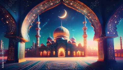 Obraz na płótnie 3d podium with Islamic background with lantern, ornament islamic background elegant, gray and gold color w salonie