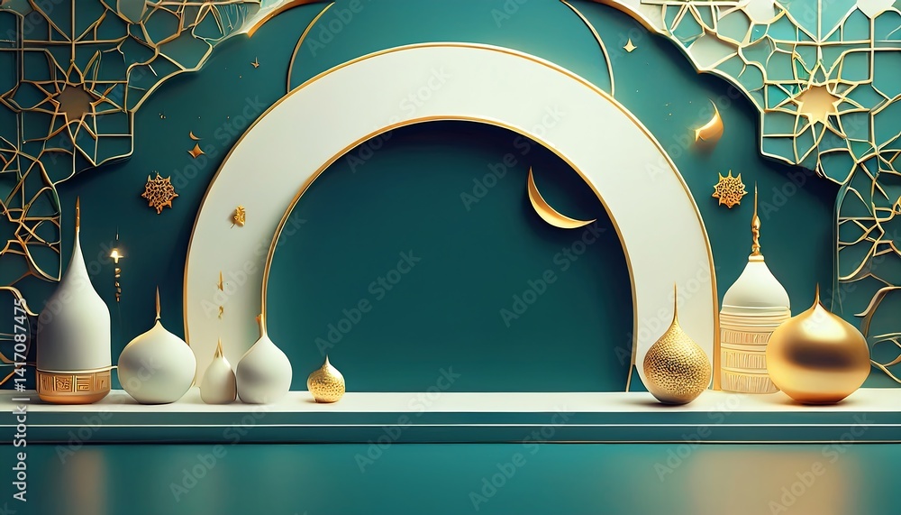 A 3D abstract minimalist background designed for a professional presentation, featuring smooth geometric shapes, soft gradients, and subtle Islamic patterns like crescent moons and arabesque motifs.