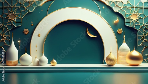 Obraz na płótnie A 3D abstract minimalist background designed for a professional presentation, featuring smooth geometric shapes, soft gradients, and subtle Islamic patterns like crescent moons and arabesque motifs. w salonie