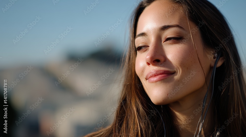 A serene woman basks in the sunlight with closed eyes, hair flowing gently, wearing earbuds against a soft blur of a sunny backdrop. A serene woman basks in the sunlight with closed eyes, hair flowing gently, wearing earbuds against a soft blur of a sunny backdrop.