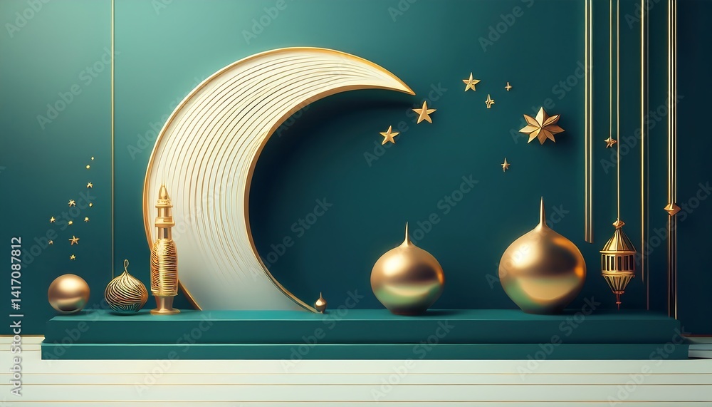 A 3D abstract minimalist background designed for a professional presentation, featuring smooth geometric shapes, soft gradients, and subtle Islamic patterns like crescent moons and arabesque motifs.
