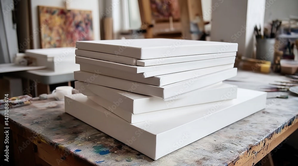 Blank Canvases in Art Studio. White canvases stacked on a paint-splattered table with art supplies. Symbolizes creative potential, artistic beginnings Blank Canvases in Art Studio. White canvases stacked on a paint-splattered table with art supplies. Symbolizes creative potential, artistic beginnings