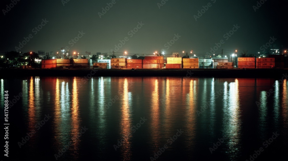 Illuminated cargo containers reflect vibrantly on the water, painting the night scene with industrial hues. Illuminated cargo containers reflect vibrantly on the water, painting the night scene with industrial hues.