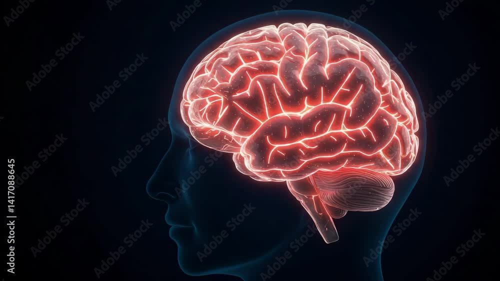 Side view of a glowing human brain illustration on a dark background, neuroscience, resembling a futuristic video concept with a focus on neural pathways. Side view of a glowing human brain illustration on a dark background, neuroscience, resembling a futuristic video concept with a focus on neural pathways.