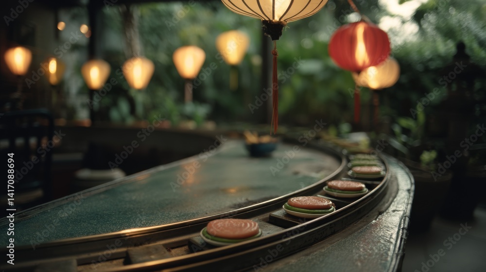 Lantern-lit conveyor belt resembling a sushi bar in lush greenery, evoking an exotic dining experience.