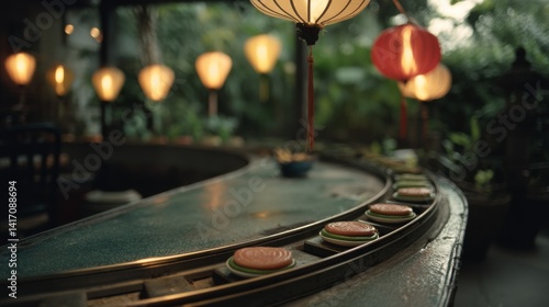 Obraz na płótnie Lantern-lit conveyor belt resembling a sushi bar in lush greenery, evoking an exotic dining experience. w salonie