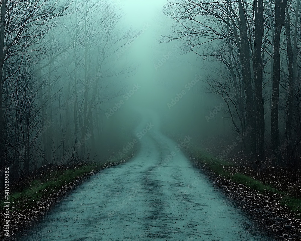 Naklejka premium Fog-shrouded, winding road through a misty forest.