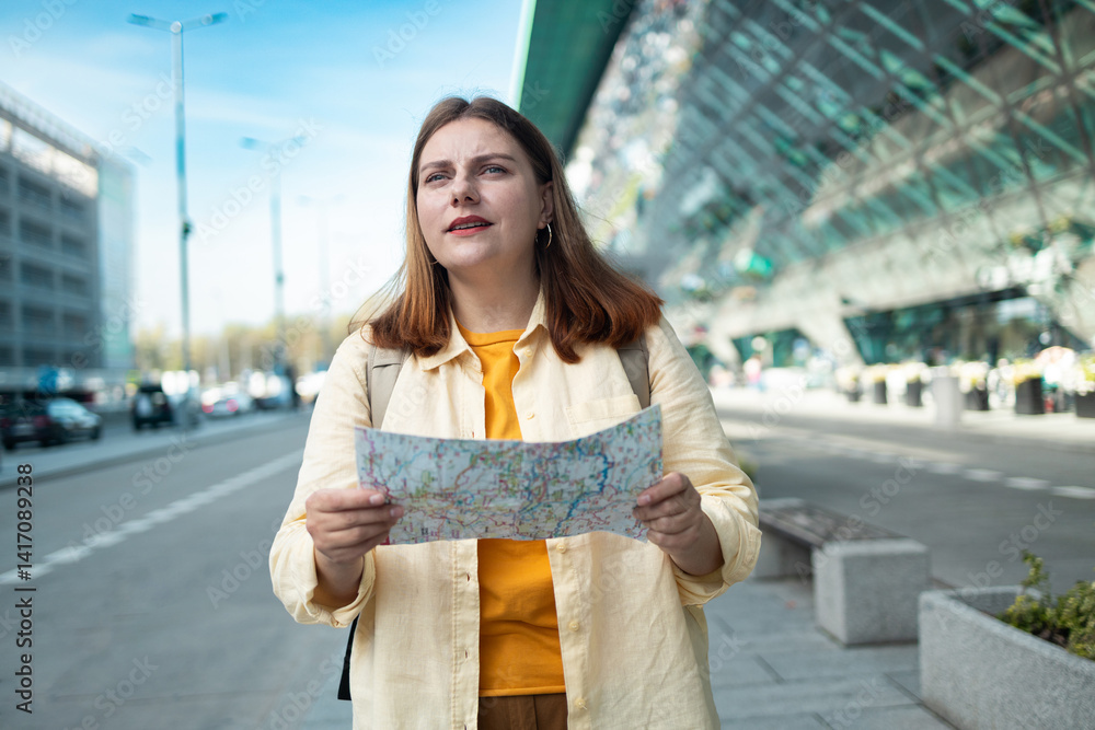A woman is standing outside the airport, holding a map and looking around thoughtfully. She is trying to navigate, possibly finding directions or exploring the area in the bustling airport