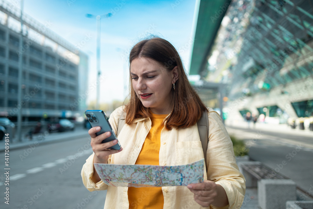 A woman standing at an airport terminal holding a map in one hand and a smartphone in the other, looking for directions to her destination. She is exploring using a digital map for better navigation.