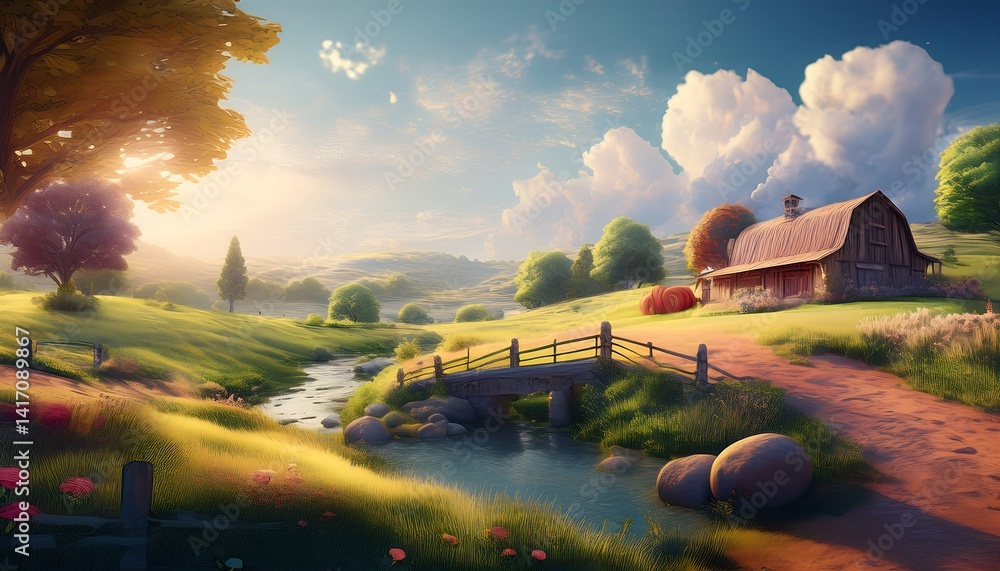 A highly detailed 3D environment animation of a serene rural landscape