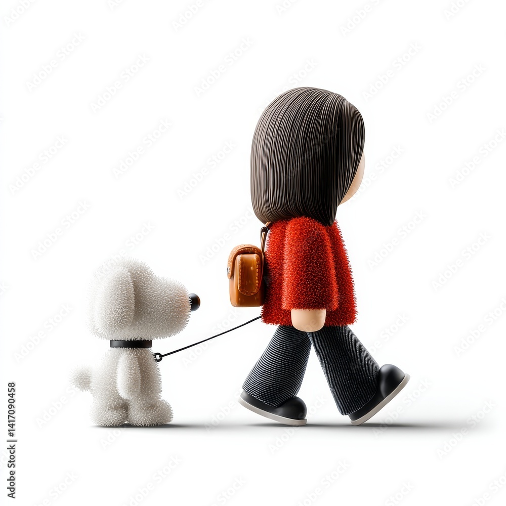 A Stylized 3D Cartoon of a Person Walking a White Fluffy Dog on a Leash Against a Clean White Background
