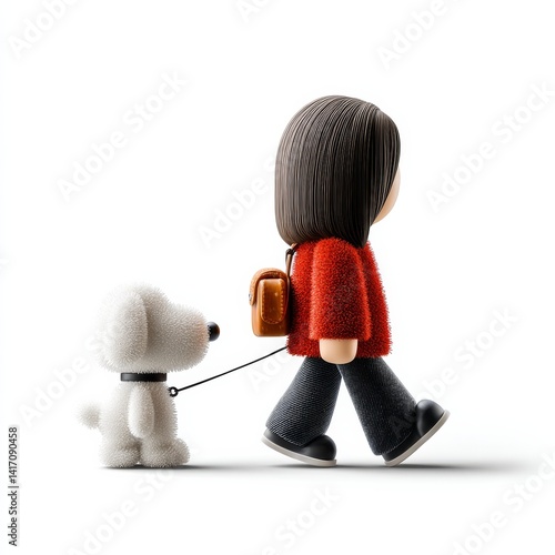 Obraz na płótnie A Stylized 3D Cartoon of a Person Walking a White Fluffy Dog on a Leash Against a Clean White Background w salonie