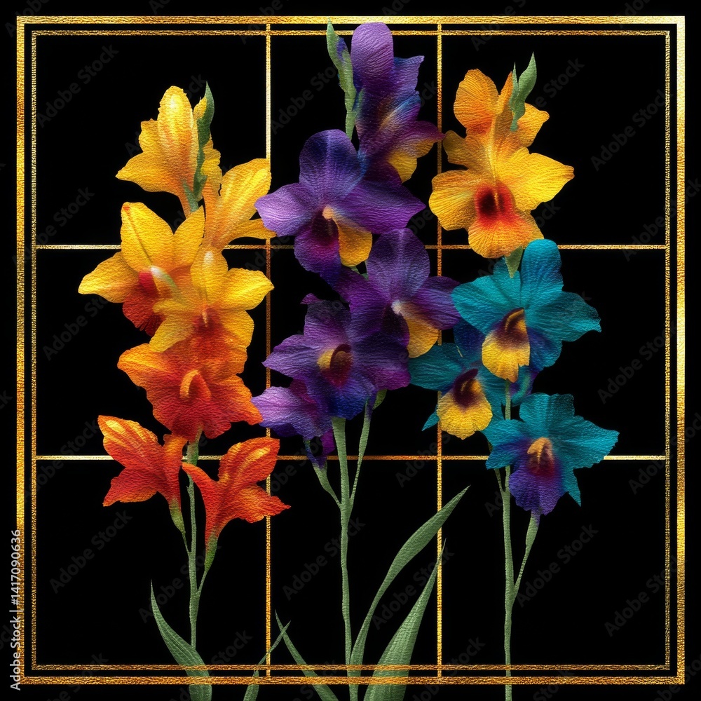 Colorful Gladiolus in Golden Grid: A Symphony of Hues in a Modern Floral Arrangement