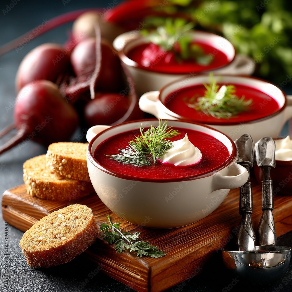 Delicious Beetroot Soup with Sour Cream and Dill, Served with Crusty Bread on a Wooden Board