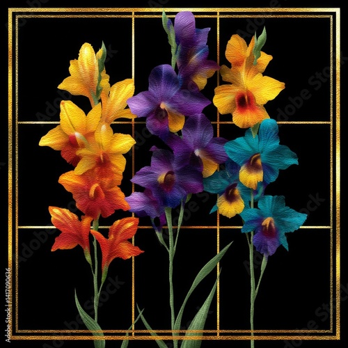 Obraz na płótnie Colorful Gladiolus in Golden Grid: A Symphony of Hues in a Modern Floral Arrangement w salonie