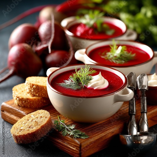 Obraz na płótnie Delicious Beetroot Soup with Sour Cream and Dill, Served with Crusty Bread on a Wooden Board w salonie
