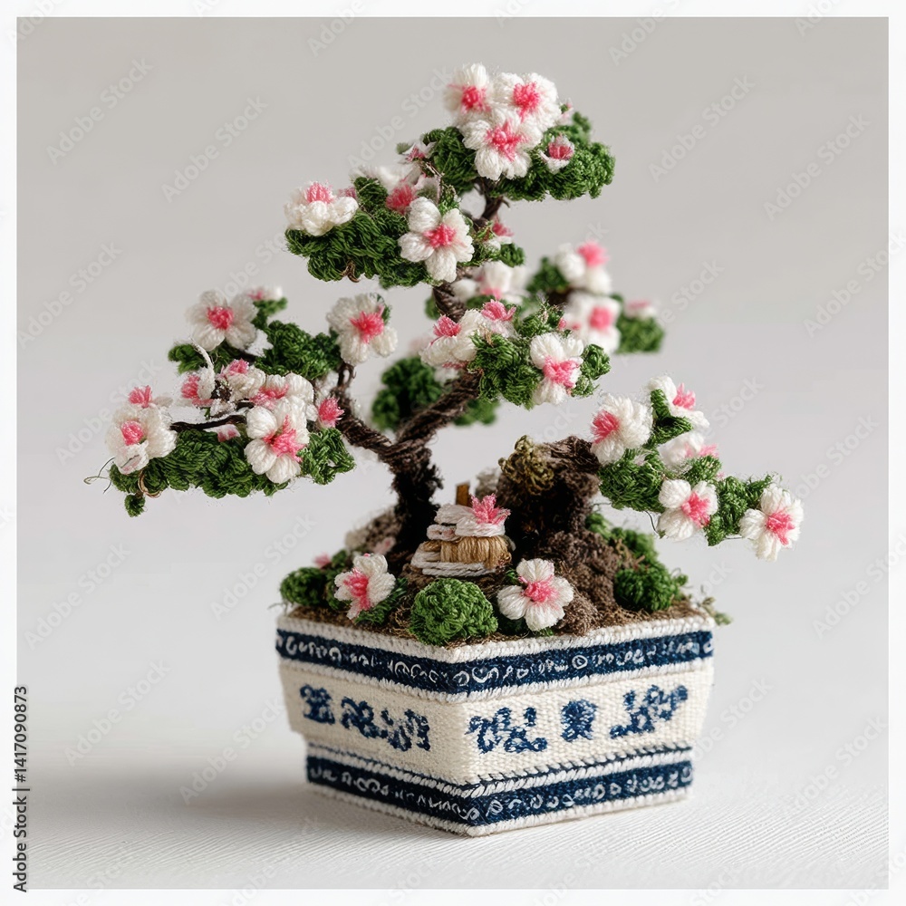 Handcrafted Miniature Bonsai Tree with Delicate Flowers and Intricate Details in an Elegant Ceramic Pot