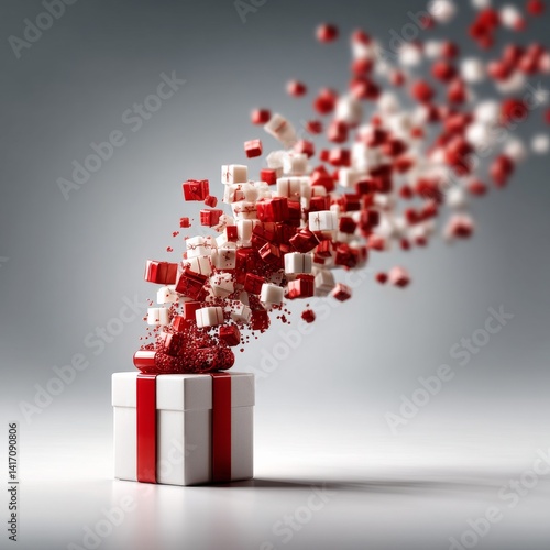 Obraz na płótnie Gifts Abound: A whimsical gift box overflows with miniature presents in a dynamic explosion of color and surprise on a clean background. w salonie