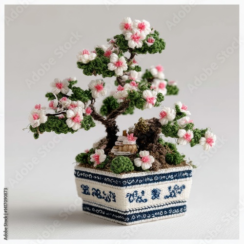 Obraz na płótnie Handcrafted Miniature Bonsai Tree with Delicate Flowers and Intricate Details in an Elegant Ceramic Pot w salonie