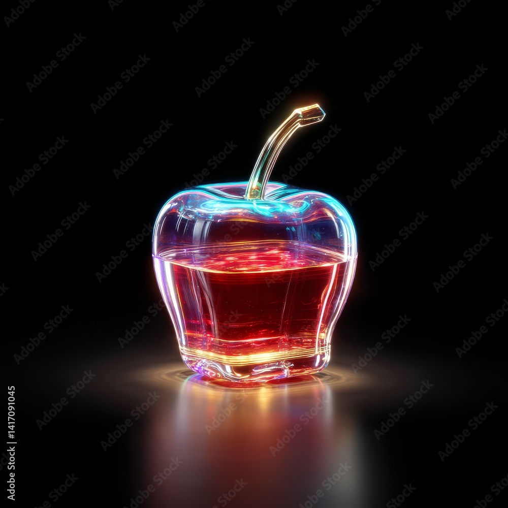 Neon Cherry Glass: A Futuristic Still Life with Vibrant Colors and Reflective Surface