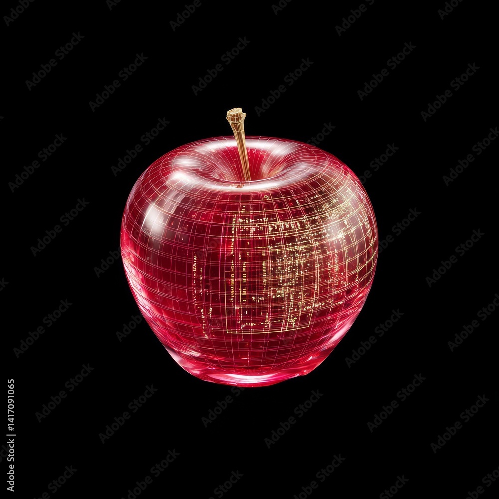 Red Tech Apple: A futuristic digital representation of a fruit with a grid-like structure showcasing the connection between technology and nature.