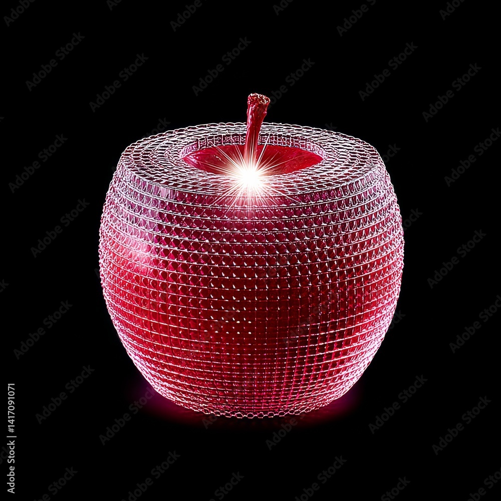 Red Apple with Wireframe Design and Light Burst on Black Background: A Study in Texture and Form