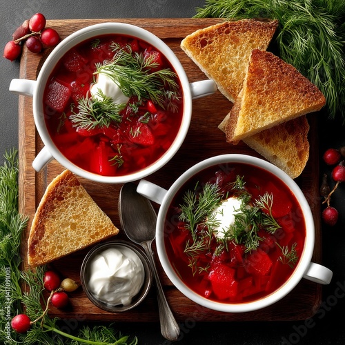 Hearty Bowls of Beetroot Soup: A Culinary Delight with Toast, Dill, and Sour Cream on a Wooden Board