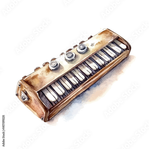 Vintage Harmonica, vector watercolor illustration, isolated on a white background.