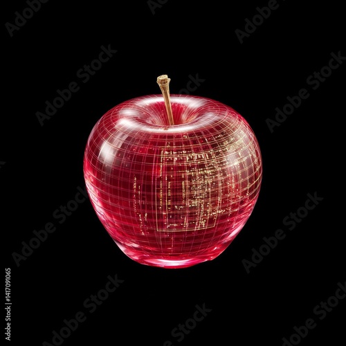 Red Tech Apple: A futuristic digital representation of a fruit with a grid-like structure showcasing the connection between technology and nature.