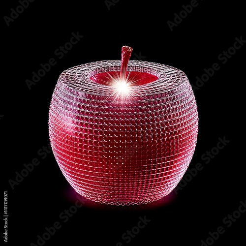 Obraz na płótnie Red Apple with Wireframe Design and Light Burst on Black Background: A Study in Texture and Form w salonie