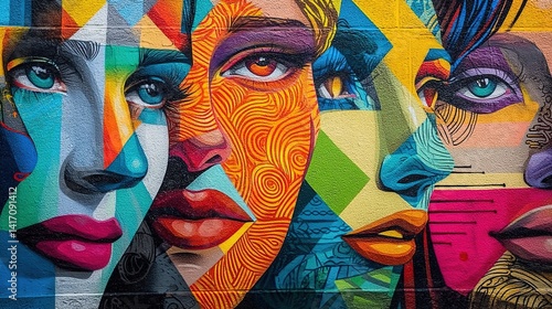 Geometric Portrait Mural. Trio of colorful side-profile faces with abstract patterns on a brick wall. Represents diversity in urban art