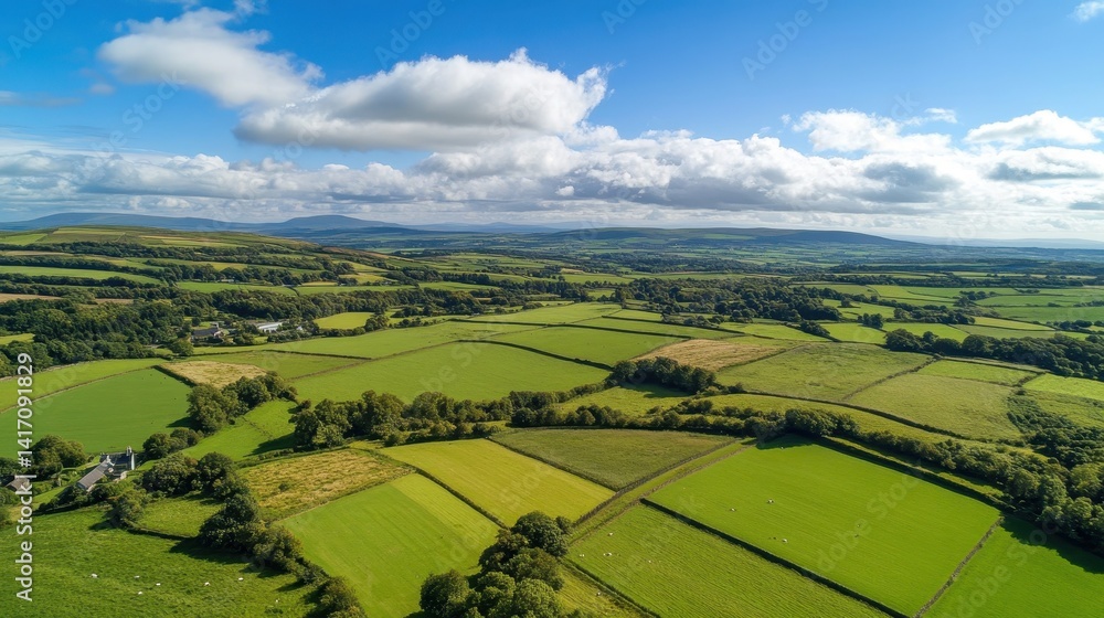 Green Fields. Aerial View of Rural Welsh Farmlands from Up High