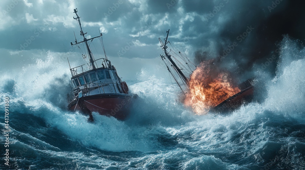 Naklejka premium Two fishing boats in a fierce storm, one ablaze