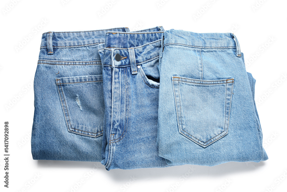 Set of stylish blue jeans on white background Set of stylish blue jeans on white background