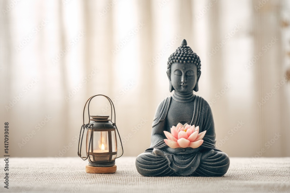 Small Buddha Statue Surrounded by Lotus Flower and Lantern on Linen-Covered Table in Serene Indoor Setting