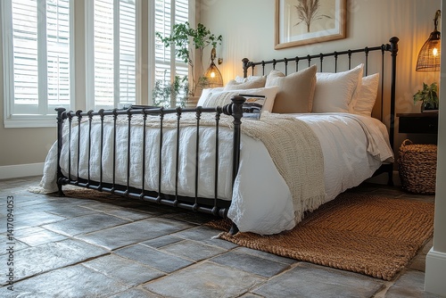 Grey stone-look tile floor with black metal-frame bed and white shutters, low-angle shot of baseboard with magazine stand