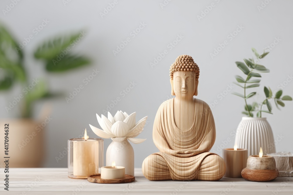 Serene Shrine Corner at Home With Lotus and Calming Candles Creating a Peaceful Atmosphere