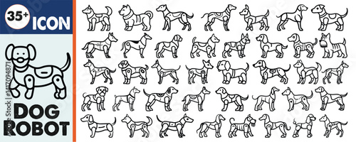 Robot Dog Icon Silhouette Bundle – Futuristic Robotic Pet Icon Design, White Background.