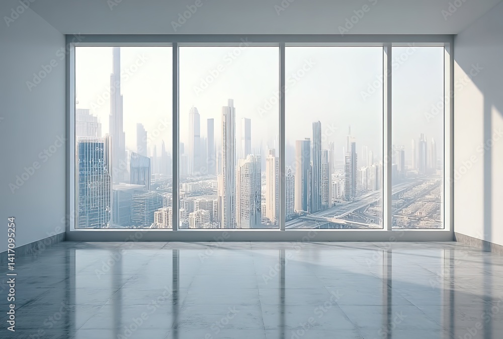 Minimalist Urban Interior. A vast empty room with floor-to-ceiling windows showcasing a modern city skyline. Ideal for real estate visuals or interior design inspiration, symbolizing luxury Minimalist Urban Interior. A vast empty room with floor-to-ceiling windows showcasing a modern city skyline. Ideal for real estate visuals or interior design inspiration, symbolizing luxury