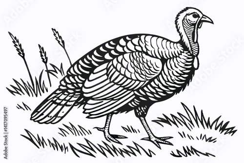 40 Black and white illustration, detailed turkey drawing, woodcut style, engraving technique, intricate feather texture, side profile, fanned tail feathers, vintage wildlife art, high contrast, fine l