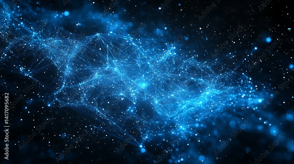 Fototapeta premium Abstract Blue Cosmic Nebula with Glowing Particles