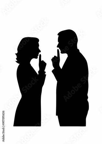 Man and Woman Silhouette in Silent Gesture .Black and White Profile Illustration for Communication Concept